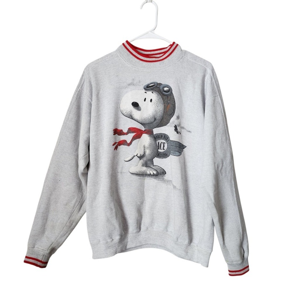 SNOOPY World War I Flying Ace Grey Red Crewneck Pullover Ringer Sweatshirt L